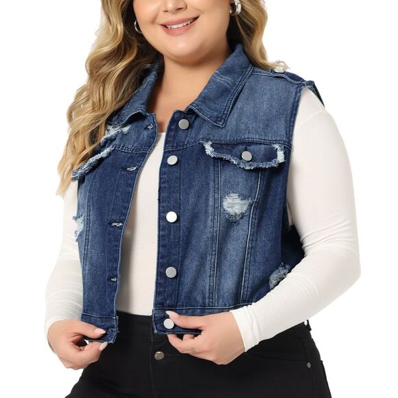 Plus Size Sleeveless Button Jean Crop Denim Jacket Vest Dark Blue - Picture 2 of 5